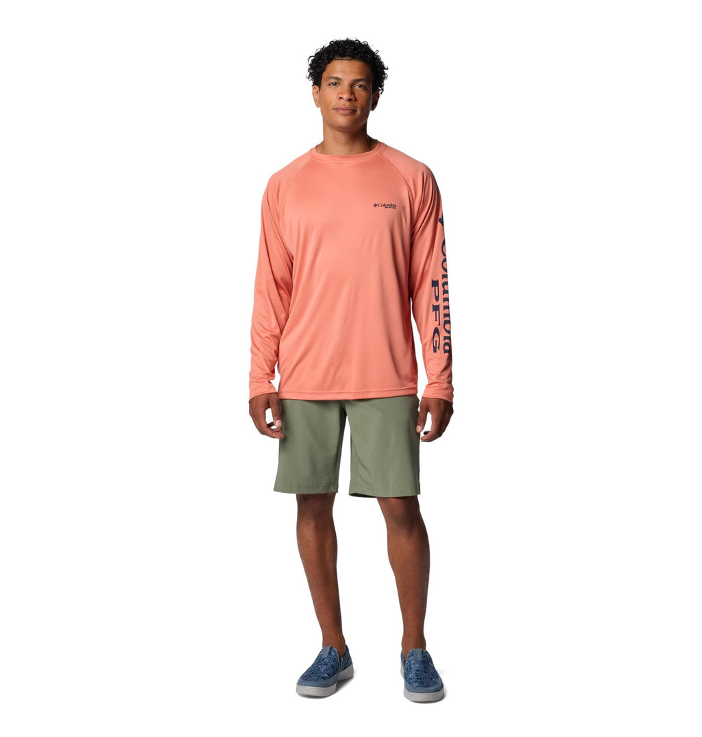 Columbia Men's Terminal Tackle Long Sleeve Shirt, Faded Peach/Collegiate Navy Logo, 4X Big