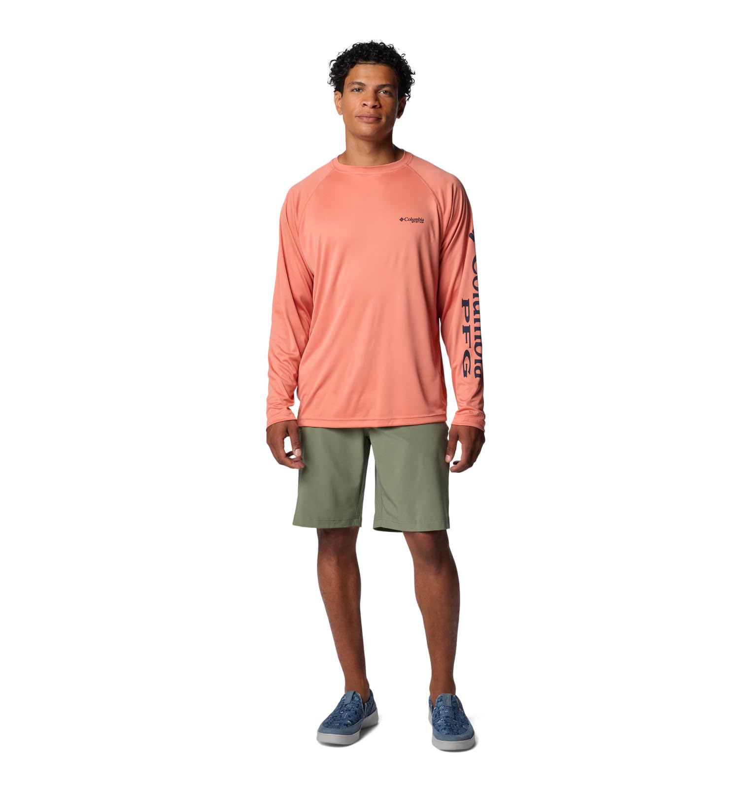 Columbia Men's Terminal Tackle Long Sleeve Shirt, Faded Peach/Collegiate Navy Logo, 4X Big