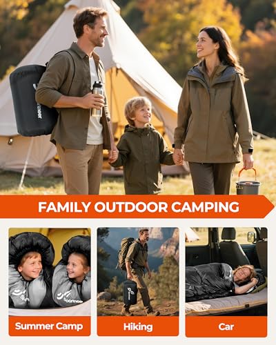 Sportneer 4.4lb 3-Season Sleeping Bag for Adults & Kids, Black & Light Gray