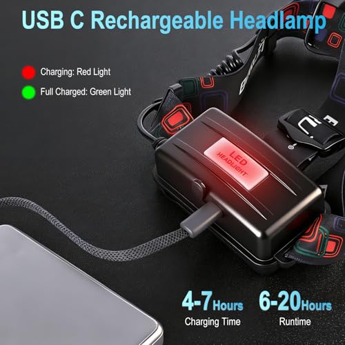 BORUIT Headlamp with Red Light USB-C Rechargeable 90° Adjustable 3 Modes - Red1