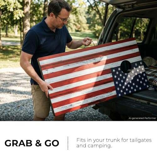 Sport Beats Cornhole Board Set - MDF Wooden Tailgate or Regulation Size with 8 Bean Bags - American Flag 4' x 2' Variation