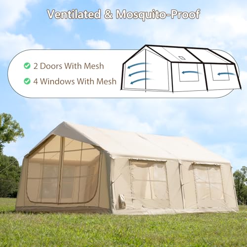 Beige 12-Person Inflatable Camping Tent with Rainfly, Hand Pump & Stove Jack