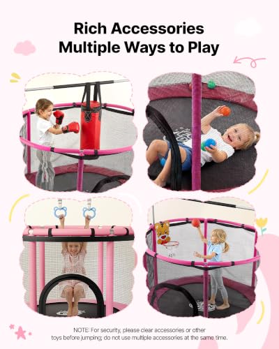 Pink Indoor Trampoline for Kids 3-12 with Safety Enclosure & Toys - 4.6 ft