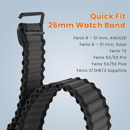 BANSO 26mm Quick Fit Nylon Watch Band for Garmin Fenix 5X/6X/7X/8 51mm Watch Band, 26mm Watch Bands for Garmin Instinct 2X /2X Solar/Instinct 3 50mm (Deep Grey and Orange)