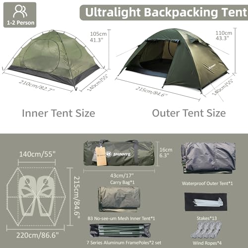 ShinHye 2-Person Green Ultralight Waterproof Dome Backpacking Tent with Easy Setup