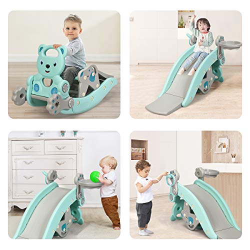 Green 36x15x22 Inch 5-in-1 Toddler Slide Rocking Toy with Detachable Stool & Basketball Game
