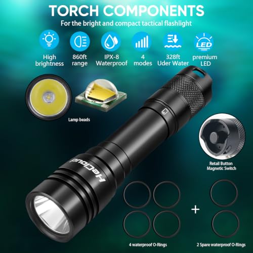 Dive Light 3000LM Waterproof LED Flashlight with 4 Modes - Black