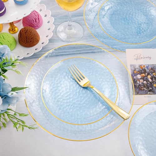 Blue Gold Rim Disposable Dinnerware Set - 175 Pcs for 25 Guests - Hammered Pattern
