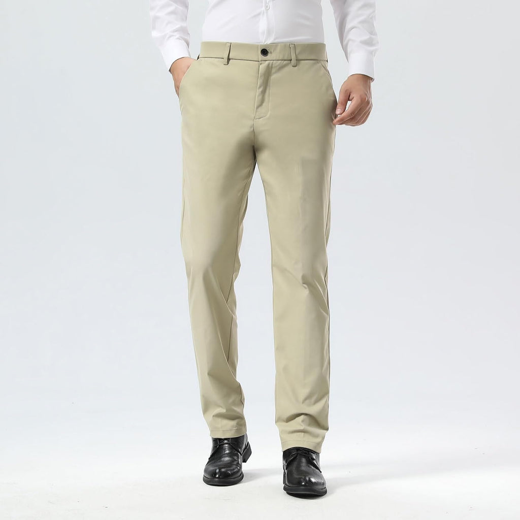Plaid&Plain Men's Slim Fit Dress Pants - Stretch Khaki, Wrinkle-Free Comfort & Style