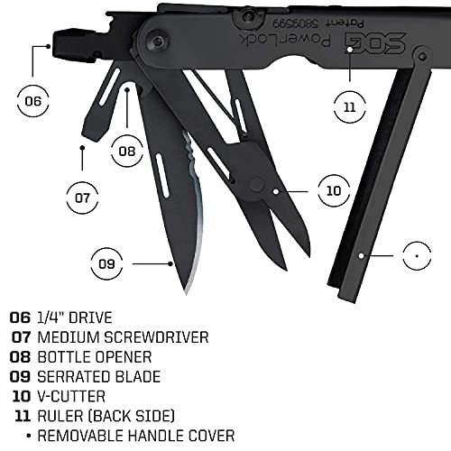 SOG PowerLock Multi-Tool with Compound Leverage Tech, EOD Crimper, 420 Stainless Steel, Black, 18 Tools