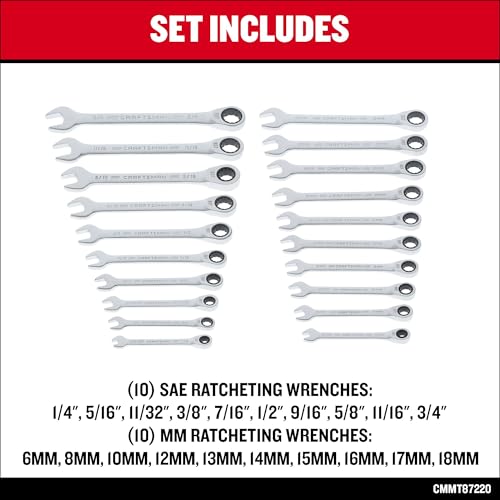 CRAFTSMAN 20-Piece Ratchet Wrench Set with Case, 90-Tooth, SAE & Metric