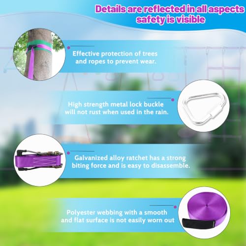 Kids Ninja Warrior Obstacle Course with 2x56ft Slackline & Purple Accessories - Outdoor Play Set