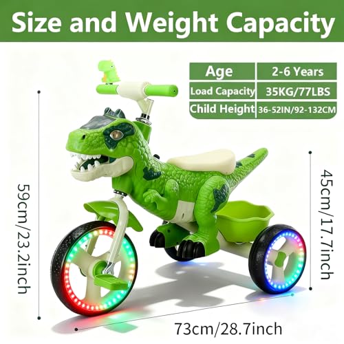 NMM Dinosaur Tricycle for Kids 2-6 Bright Green with Glow Big Wheel, Music, LED Lights, Horn