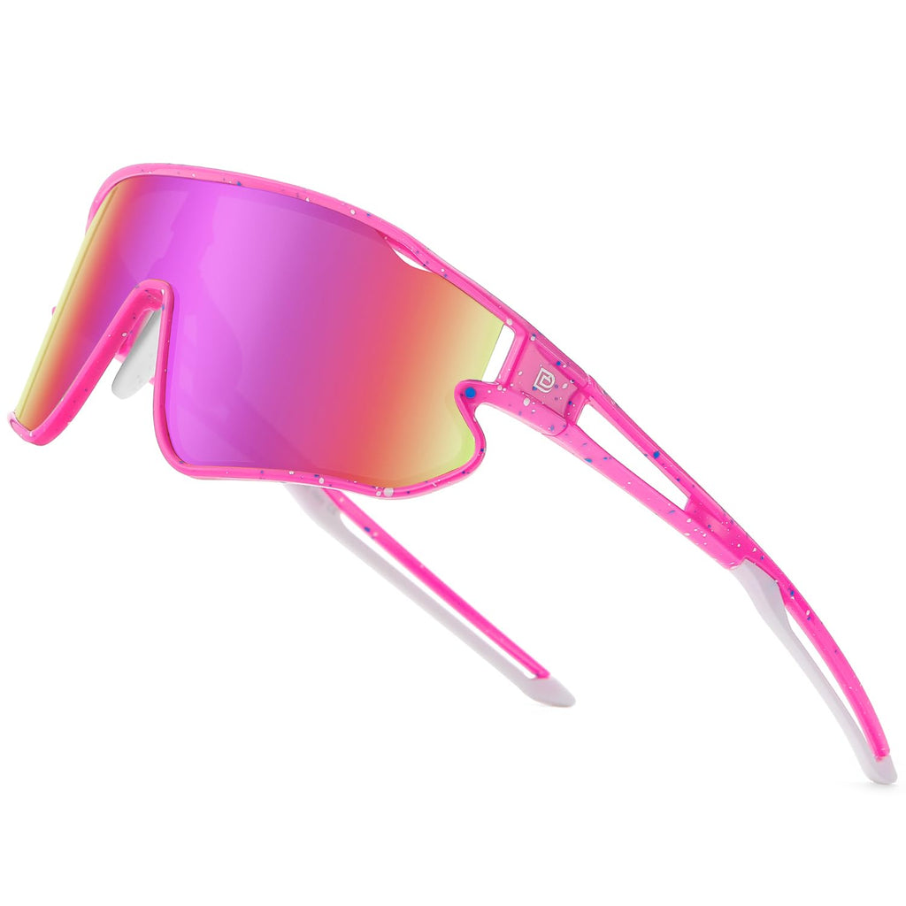 DUCO Kids Sunglasses Youth Baseball Sun Glasses Lightweight TR90 Frame UV400 Sports Cycling Shades for Boys Girls DK268 (Pink Frame White Blue Dot White Temple Revo Colorful Lens)