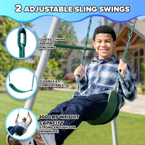 Kids & Adults Metal Swing Set with Skyflyer & 2 Sling Swings - Green/White, 9.5Ft
