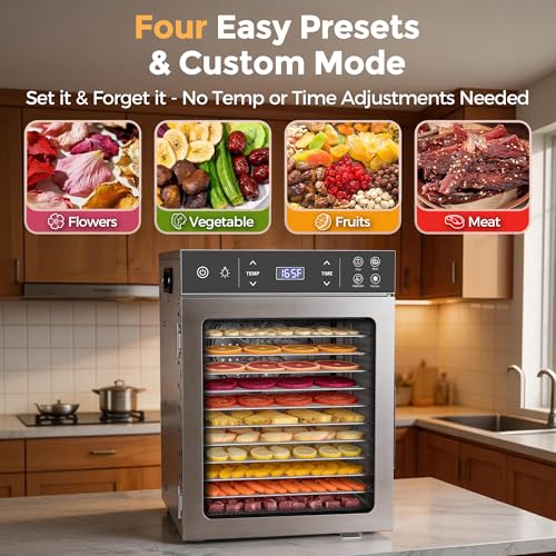 Suteck Silver Food Dehydrator 12 Trays with 4 Presets, Stainless Steel Kitchen Appliance