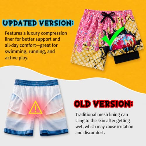 Idgreatim Boys Swim Trunks with Compression Liner - Pink Ice Cream Drip Football, 10-13 Years