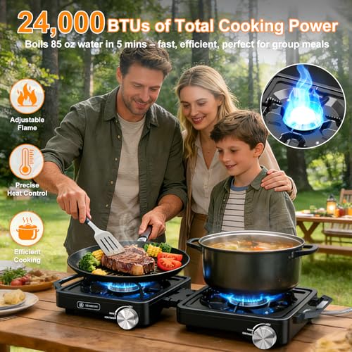 SENBOWE Black 2-Burner Camping Stove 24000 BTU Portable Propane Stove Kit