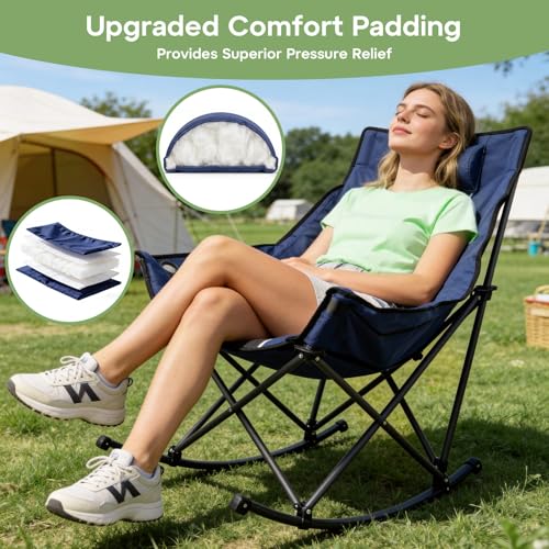 Suteck Navy Blue Oversized Rocking Camping Chair with Padded Seat & Cup Holder