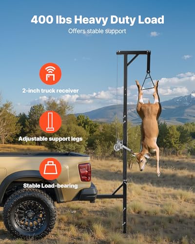 VEVOR 400 lbs Deer Hoist Tripod with Gambrel & Manual Winch - Black Hunting Game Lift & Skinning Accessory