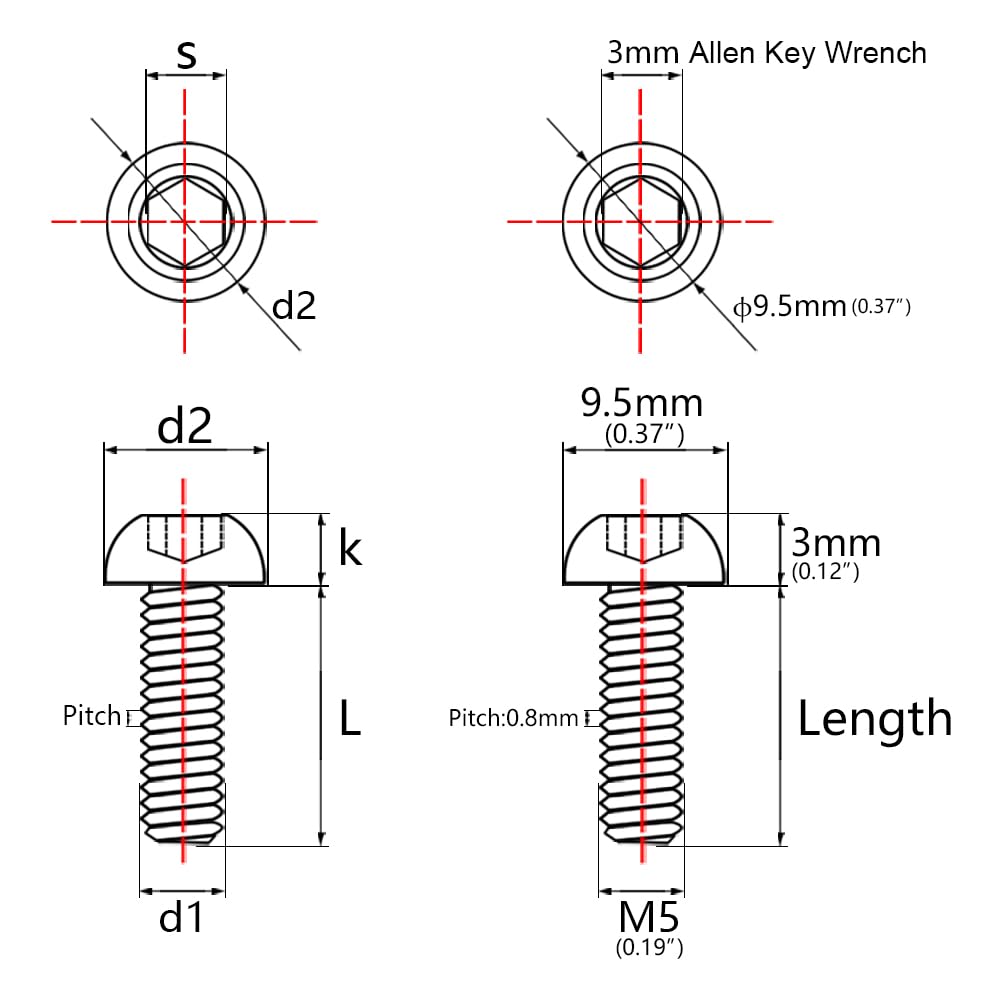 Wanyifa Titanium Ti Water Bottle Cage M5x8 10 12 15mm Bolt Button Head Allen Key Screws Pack of 10 (Silver, M5x10mm)