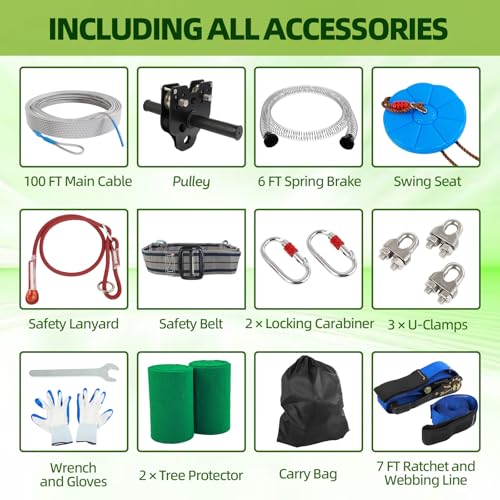 OLenyer 100FT Backyard Zipline Kit for Kids & Adults - Safe & Durable