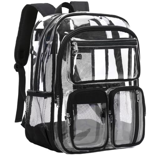 Large Transparent Backpack for Girls & Boys - Clear Bookbag with 10 Pockets, Black