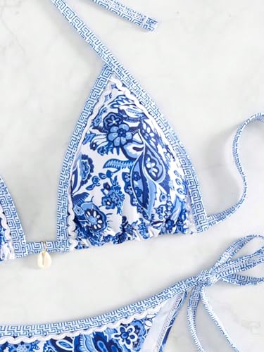 Women's Boho Floral Print Bikini Set - Medium Blue & White Halter Triangle Swimsuit