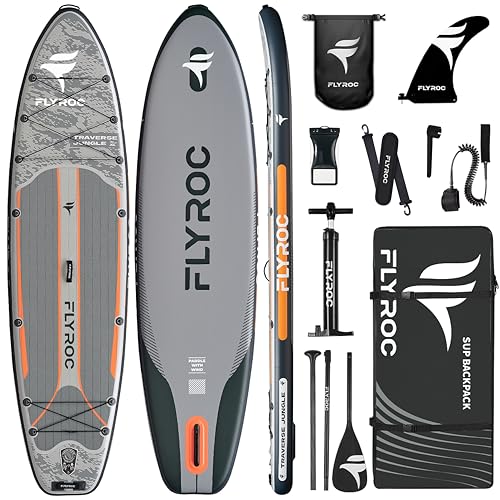 Flyroc Jungle Gray 11'6" x 35" Extra Wide Inflatable Paddle Board for All Skill Levels - 450lb Capacity with 3 Paddles, Backpack, Dry Bag