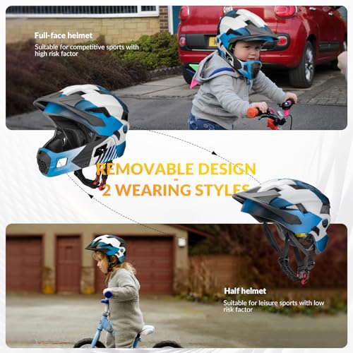Kids Full Face Bike Helmet with Detachable Mode, Lightweight Safety Helmet - Blue White Black, Small