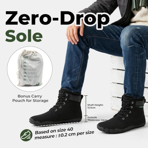 SAGUARO Winter Barefoot Boots for Adults - Water-Resistant, Wide Toe Hiking Shoes with Faux Fur Lining - Black, Size 10 Women / 9 Men