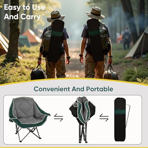 Northroad Oversized Padded Camping Chair Grey & Green - Heavy Duty Foldable Lawn Chair with Cup Holder, 300lbs Capacity
