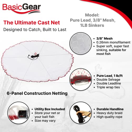 BasicGear 10ft Cast Net with 1/4 Inch Mesh and Lead Sinkers for Bait Fishing