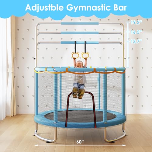 Blue 60-Inch Kids Trampoline with Safety Net & Adjustable Gymnastics Bar - Upgraded Anti-Rust Frame, Supports 440lbs, Indoor/Outdoor