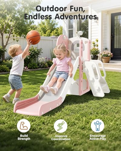 Babytronic Pink & Gray 6-in-1 Toddler Indoor & Outdoor Playground Slide for Kids 1-3