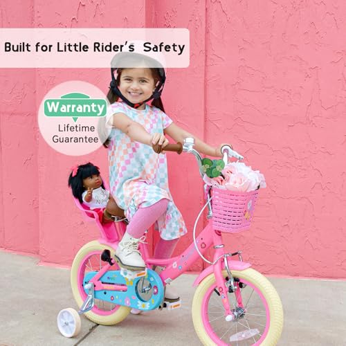 Pink 14 Inch Princess Kids Bike with Doll Seat & Basket - Girls Bicycle for 3-5 Years