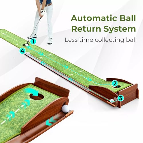 9 ft Indoor Golf Putting Mat with Putter & 5 Balls - Auto Ball Return, Velvet Surface