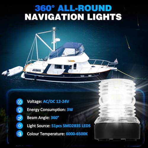 Marine Navigation Anchor Light - 3NM Visibility, 360° White LED for Boats