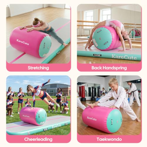 KareCute Mint Green & Pink Inflatable Gymnastics Mat 47.2" x 29.5" - Air Tumbling Track & Barrel Roller for Kids & Training