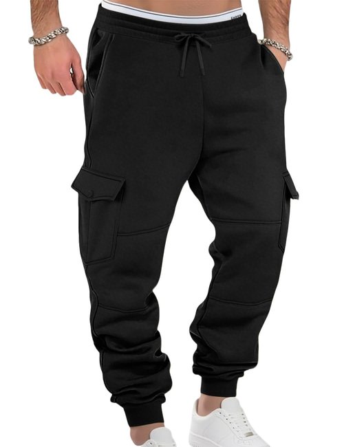 QOSOQ Men's Casual Cargo Sweatpants Fleece Lined Workout Joggers Athletic Drawstring Pants with Multi Pockets Black