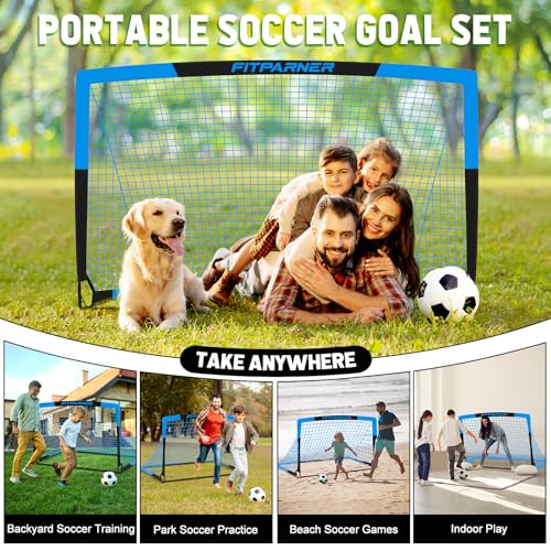 FITPARNER Kids Soccer Goals Set 6x4 FT Blue/Black Portable Pop Up Nets with Ball & Cones