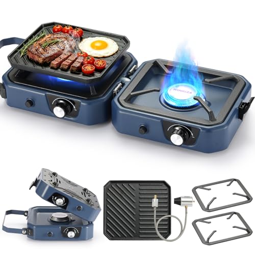 Blue 2 Burner Propane Camping Stove with Griddle - Portable, 24000BTU