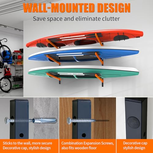 UOKRR 3 Levels Wall Mount Kayak Storage Rack - Heavy Duty Adjustable Indoor/Outdoor Garage Organizer