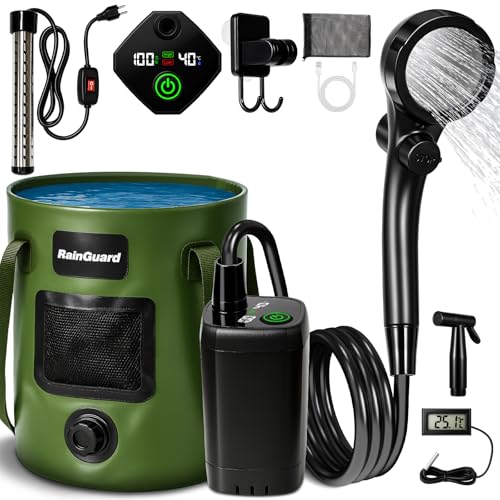 Portable Camping Shower Pump with 6.6 Gallon Foldable Bucket & Heater - Green Variation