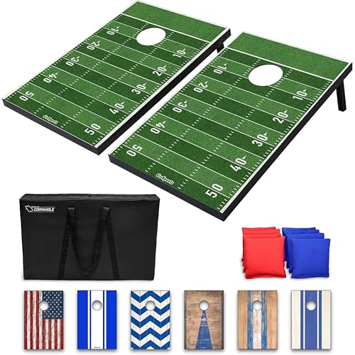 Cornhole Set with Football Field Design - 3x2 ft Portable Tailgate Game - Includes 2 Boards & 8 Bean Bags - Variation: 3 x 2 ft Football