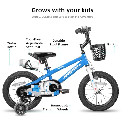Kids Bike 12-20 Inch with Light-Up Training Wheels, Basket & Water Bottle — Blue 14 Inch Variation