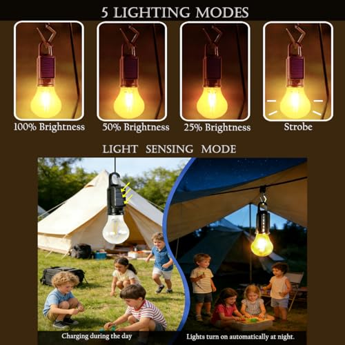 Solar Camping Lantern Tent Light Sensor Hanging Bulb - 4 Pack