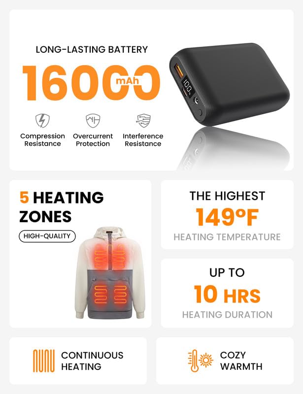 X-Large Heated Hoodie with 12V 16000mAh Power Bank - Unisex White/Grey