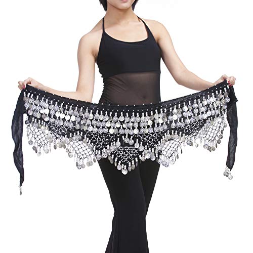 Belly Dancing Waist Chain with 320 Coins - Black & Silver Hip Scarf