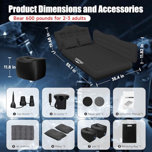 DikaSun Dark Black Car Air Mattress for SUV & Truck Camping, Inflatable Bed with Pump & Pillows